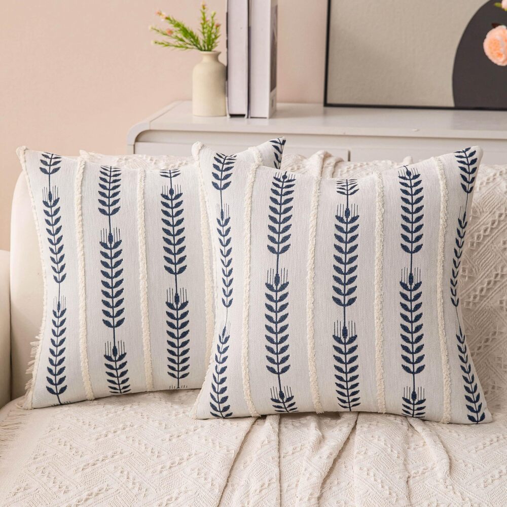 5797 Boho Floral Pillow Covers Set of 2-18x18 Inch Navy Blue Decorative
